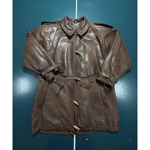 Vtg Damselle Ltd Women's Brown Leather Duffle Coat‎ Jacket Toggle Cinched Small